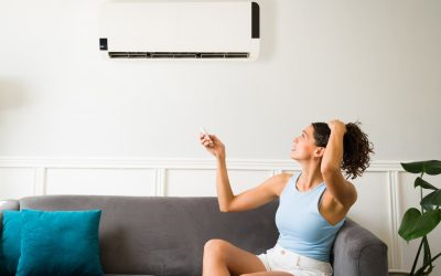 A woman appears distressed while sitting on a couch beside an air conditioner, pondering its role in reducing humidity.