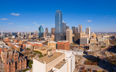 A drone image of the downtown skyline in Dallas, Texas