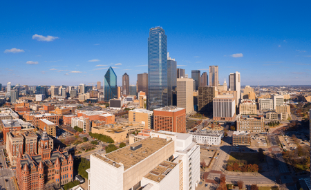 A drone image of the downtown skyline in Dallas, Texas