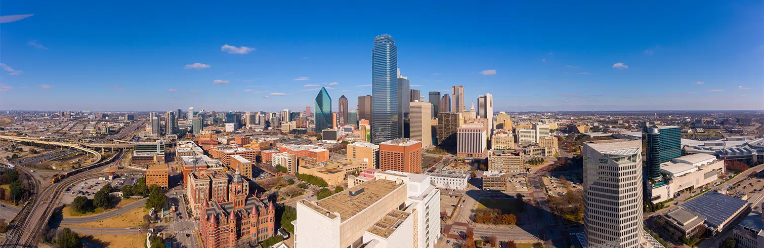 A drone image of the downtown skyline in Dallas, Texas