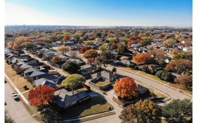 A drone image of a Dallas residential neighborhood in fall.