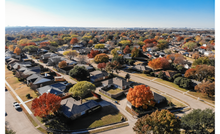 A drone image of a Dallas residential neighborhood in fall.