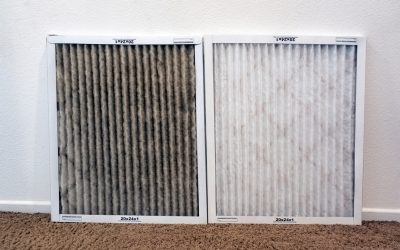 A clogged HVAC air filter next to a clean replacement filter, showing the buildup that can happen over a DFW winter.