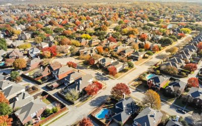 Aerial view of a Flower Mound neighborhood of large two-story homes, the kind that need even whole-house cooling